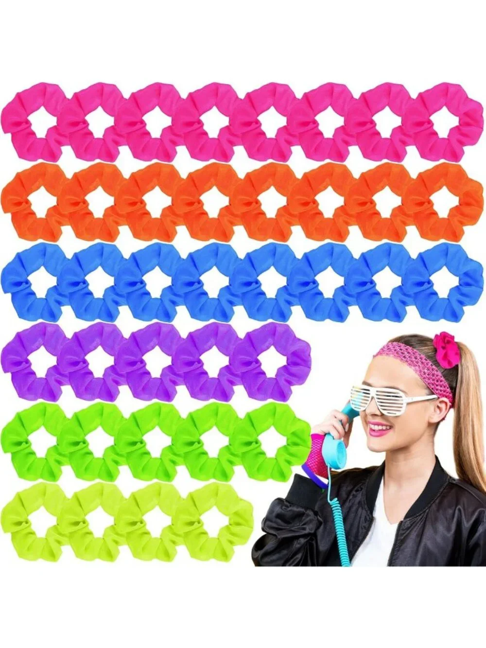 48 Pcs Neon Scrunchies - Bright Colorful Hair Ties for 80s & 90s Style, Elastic